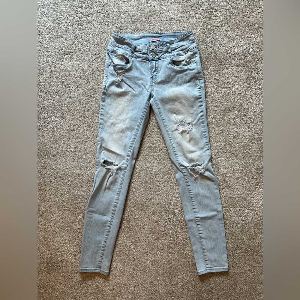 Refuge brand distressed super shinny jeans- light blue wash